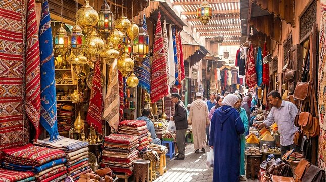 Colorful Moroccan Bazaar with Textiles Lanterns and People Shopping