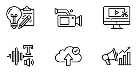 Fototapeta premium Creative media icons, video production symbols, audio waveform graphics, cloud upload vector set