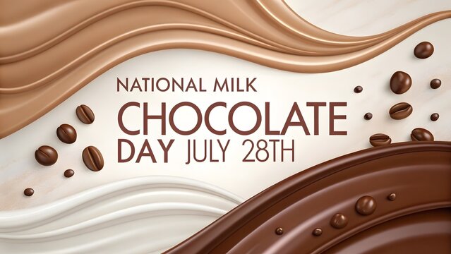 National milk chocolate day poster featuring smooth liquid chocolate and milk swirls with coffee beans on a creamy background for july 28th celebration