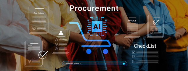 Obraz premium This image illustrates the procurement process enhanced by AI, showcasing documents and tools that promote efficiency and effective management in business operations. Cyphers