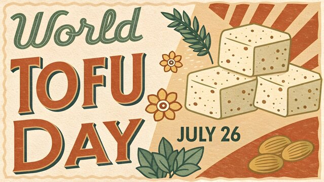 Retro world tofu day poster design featuring illustration of soy bean curd blocks and botanical elements in a vintage mid century graphic style layout