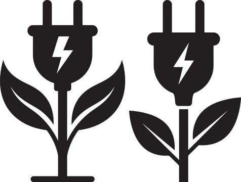 Black and white sustainable green energy eco-friendly power plug icons with leaves sustainable electricity environment electric