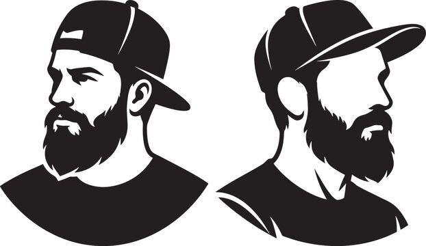 Silhouette portraits of bearded men wearing baseball caps, profile view icons of hipster characters for avatar or branding, silhouette