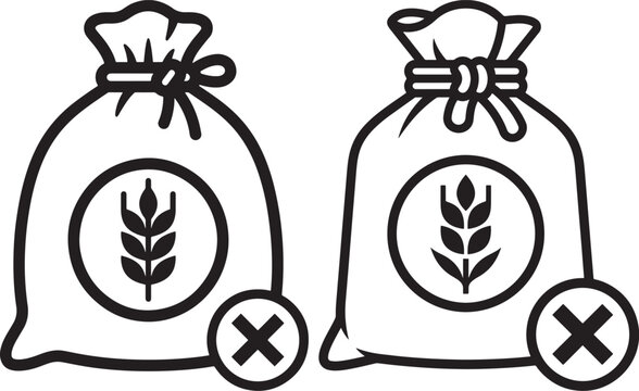 Sacks of grain or flour with crossed out icons, crossed off cereal bags symbols representing restricted or excluded ingredients