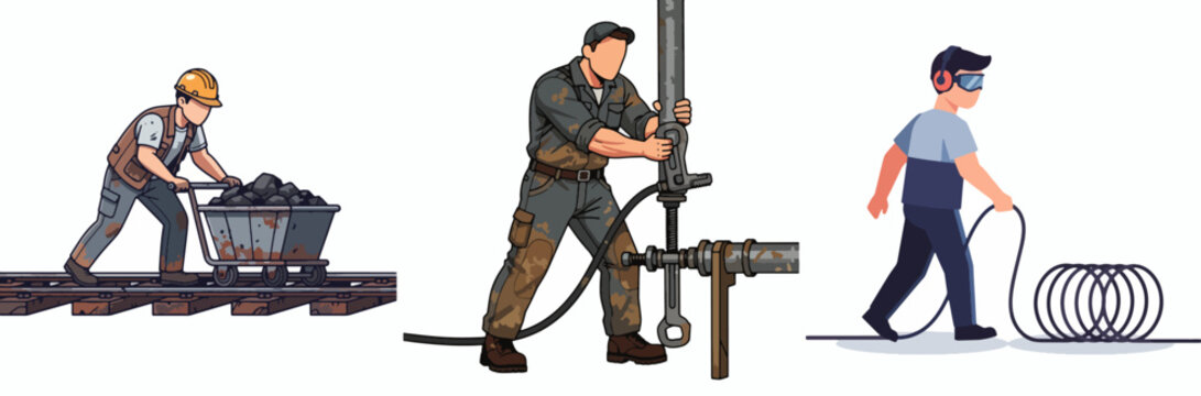 Three construction workers performing railway maintenance tasks