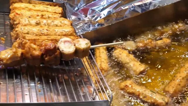 Close-up footage of traditional Korean "Hot Bar" (deep-fried fish cake skewers) being freshly fried in hot oil and displayed at a street food market stall. This popular Korean snack, known as Eomuk or