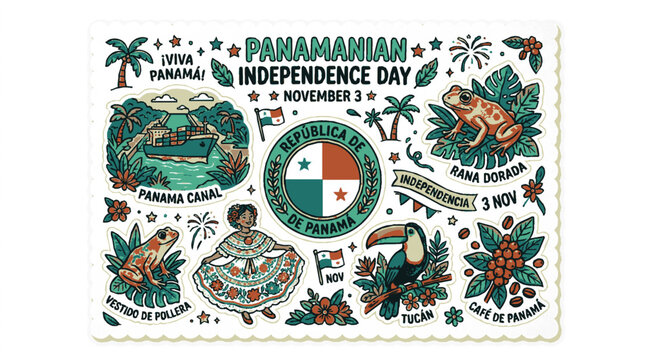 Panamanian independence day doodle sticker sheet with national symbols