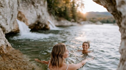Fototapeta premium This serene image captures two friends swimming together in a picturesque natural setting, embodying friendship, relaxation, and the joy of outdoor adventures in a tranquil environment.