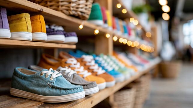 A vibrant display of colorful shoes arranged neatly on wooden shelves, showcasing a cheerful atmosphere of a trendy retail environment filled with joy.