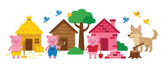 Three little pigs fairy tale characters and houses. © Amir
