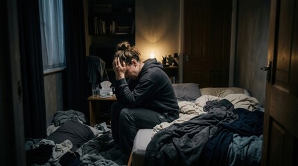 Fototapeta premium Young Woman In Distress Sitting On Messy Bed In Dark Bedroom