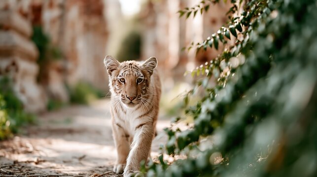 A young tiger confidently strides along a sunlit pathway overgrown with foliage, representing the beauty of nature and wildlife in their natural habitat.
