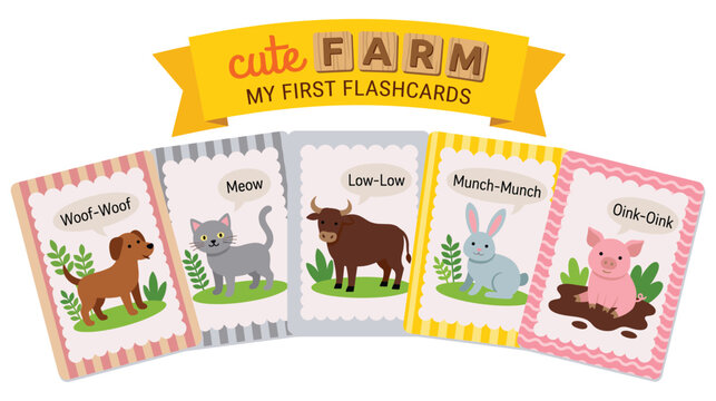 Farm animal flashcards for toddlers with sound effects.