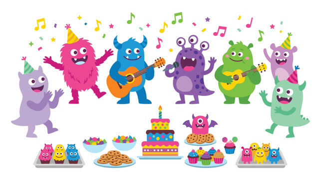 Monster birthday party celebration with cake and treats.
