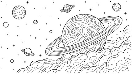 Space landscape with planets and ringed saturn coloring. © Amir
