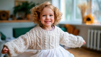 Fototapeta premium A delighted child spins joyfully while wearing a cozy sweater, embodying pure childhood happiness in a beautifully designed indoor space filled with soft textures and colors.