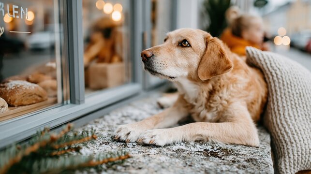 A warm and expressive golden retriever resting peacefully outside a bakery, gazing longingly through the window, blending comfort and a heartwarming scene with rustic charm.