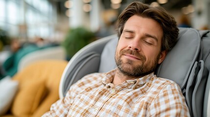 Fototapeta premium A relaxed man with a content smile, indulging in a comfortable moment in a cozy environment, showcasing serenity and a peaceful lifestyle amidst modern decor.