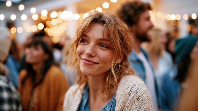 A joyful young woman smiles elegantly as she enjoys a vibrant outdoor gathering filled with warm lights and energetic people, encapsulating life's delightful moments.