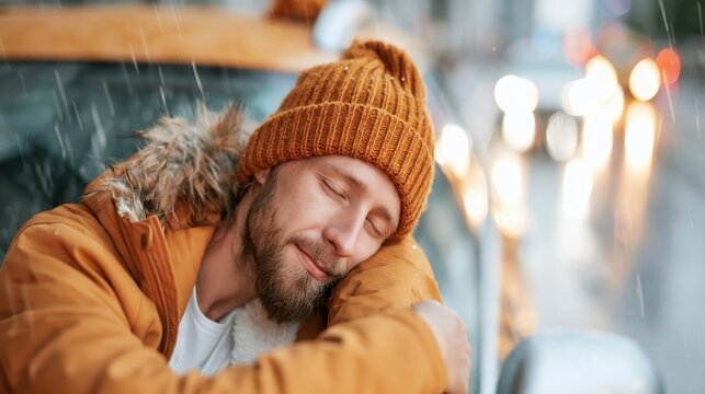 A man with a warm hat embraces the comfort of a cozy car while relishing a peaceful moment during rainfall, capturing the essence of relaxation amidst life's chaos.