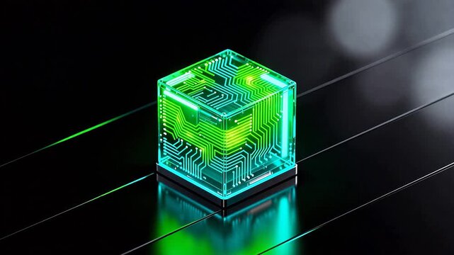 Glowing circuit cube on reflective surface