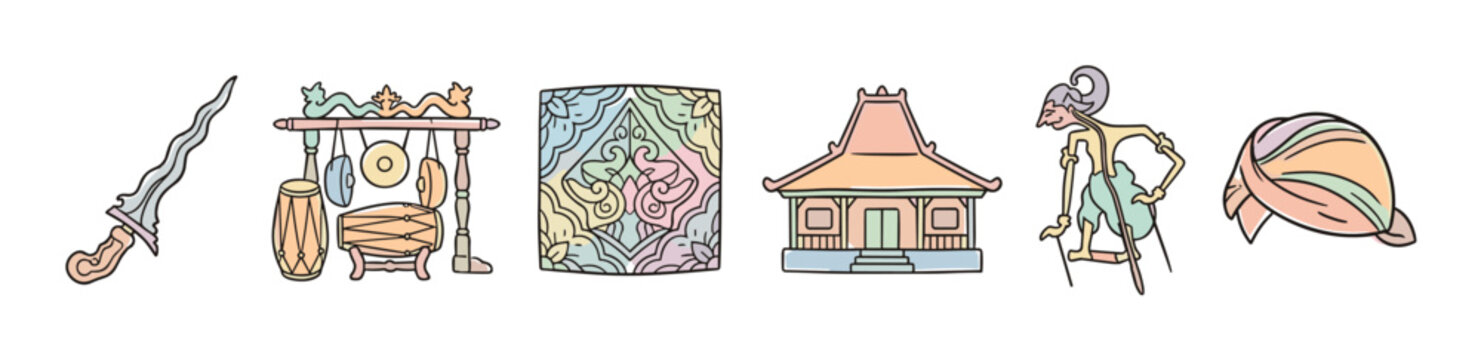 Indonesian traditional cultural elements illustration set with various iconic objects like keris, gamelan, traditional house, and wayang puppet.