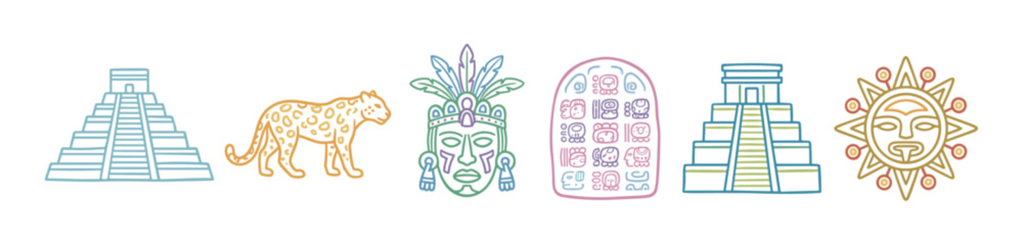 Ancient pyramids, jaguar, ceremonial mask, glyphs, and sun god symbols are beautifully rendered in a vibrant line art illustration.