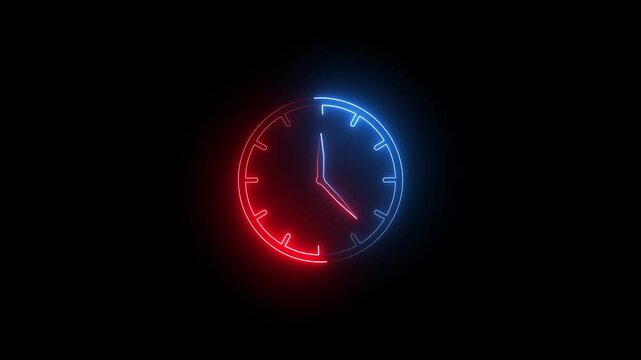 Futuristic neon clock animation featuring glowing red and blue light effects on a dark background. Modern time concept motion graphic ideal for technology , deadline, schedule and digital projects.