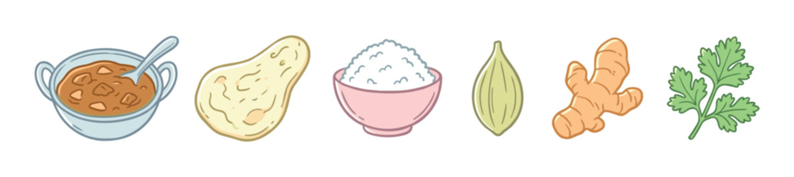 Delightful collection of Indian cuisine elements including savory curry, fluffy rice, naan bread, and aromatic spices like ginger, cardamom, and cilantro.