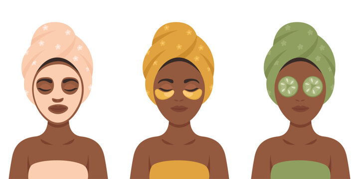 skincare routine girls in towels vector set.