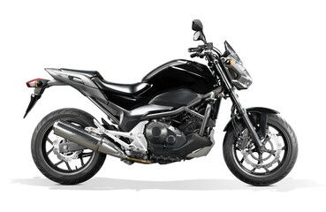 Obraz premium Black street motorcycle isolated on white. Side view of muffler side