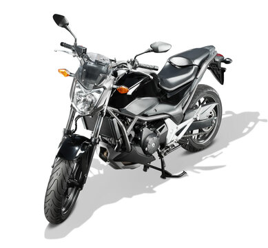 Sport motorcycle isolated on white background. Naked street bike. Front high angle three-quarter view.