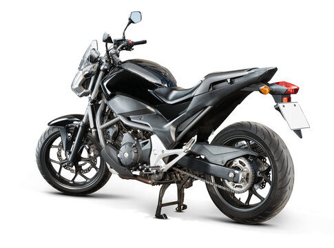 Sport motorcycle isolated on white background. Naked street bike. Rear three-quarter view. Drivetrain side.