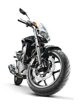 Street motorcycle. Low angle view of front wheel and fork. Naked sport bike. Isolated on white.