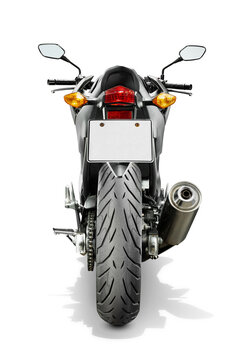 Street motorcycle. Rear view of naked sport bike isolated on white.