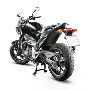 Sport motorcycle isolated on white background. Naked street bike. Rear three-quarter view. Drivetrain side.