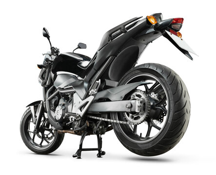 Sport motorcycle isolated on white background. Naked street bike. Rear low angle three-quarter view. Drivetrain side.