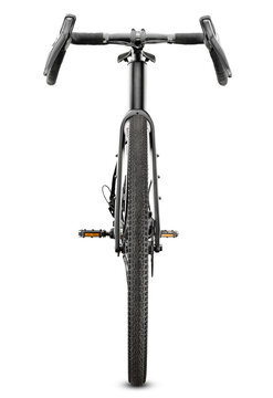 Front view of modern gravel bicycle isolated on white background.