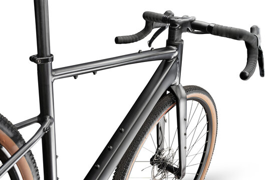 Black Gravel bicycle isolated on white background. Close up view of front bike part