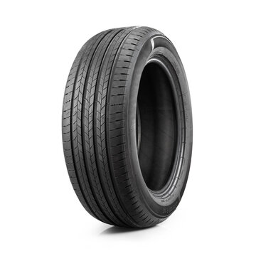 Car tire isolated on white background. Clean studio shot from side half-turn view.