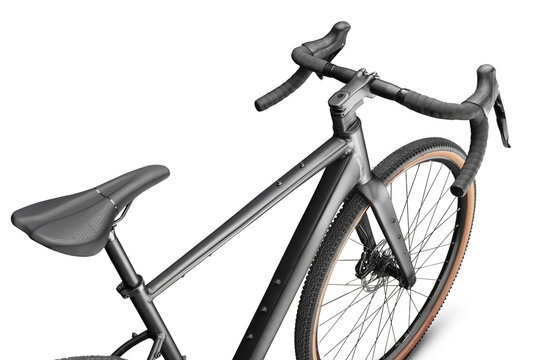 Modern black Gravel bicycle isolated  on white background. View from above of front part. Studio shot
