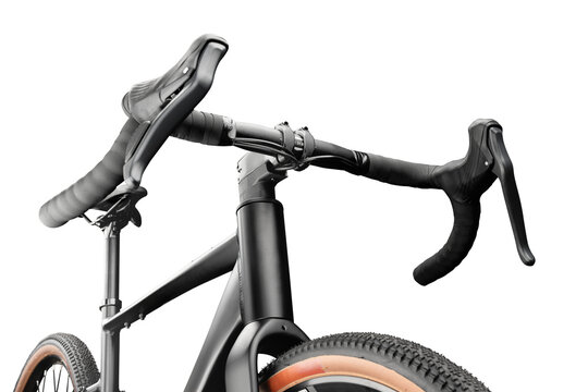 Close-up view of matte black gravel bicycle with drop handlebar, bar tape and brake levers, isolated on white studio background.