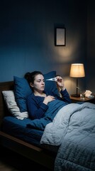 Fototapeta premium Woman Takes Temperature In Bed At Night Feeling Unwell Illness