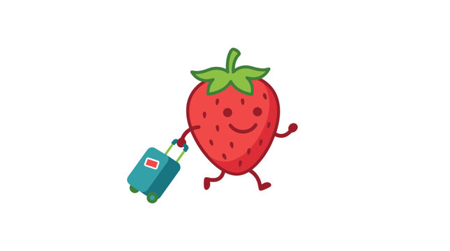 Happy Strawberry Character Traveling with Suitcase, Cartoon Style