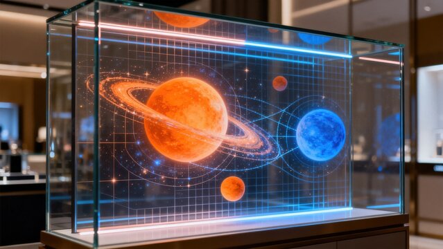 Glass display case with space planet design