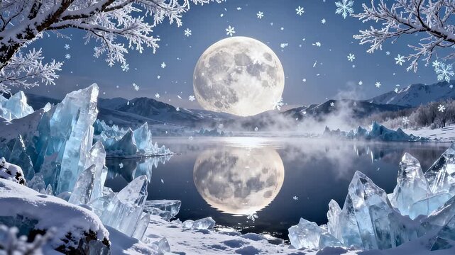Moonlit icy landscape with snow and crystals