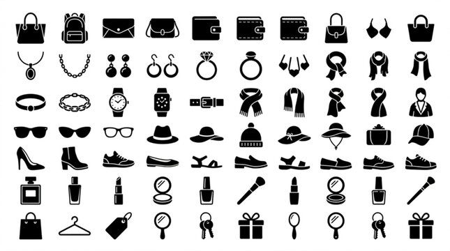 Collection of various fashion accessories and gifts icons on white