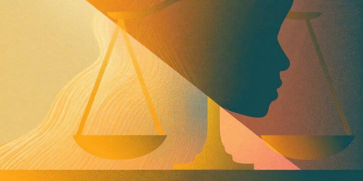 abstract postcard showing gold scales of justice balanced between light and shadow, with a subtle silhouette of a black woman and modern branding