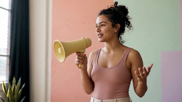 Confident young woman using a megaphone while speaking and gesturing indoors. Communication, public speaking, leadership and marketing concept.