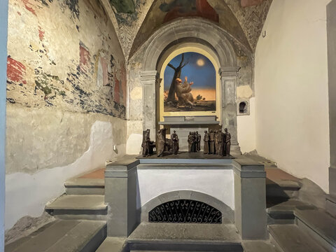 La Verna, Italy, May 29, 2026: The Franciscan monastery in La Verna, Italy. The altarpiece features a painting of St. Francis of Assisi receiving the stigmata, painted by Cesare Maccari.